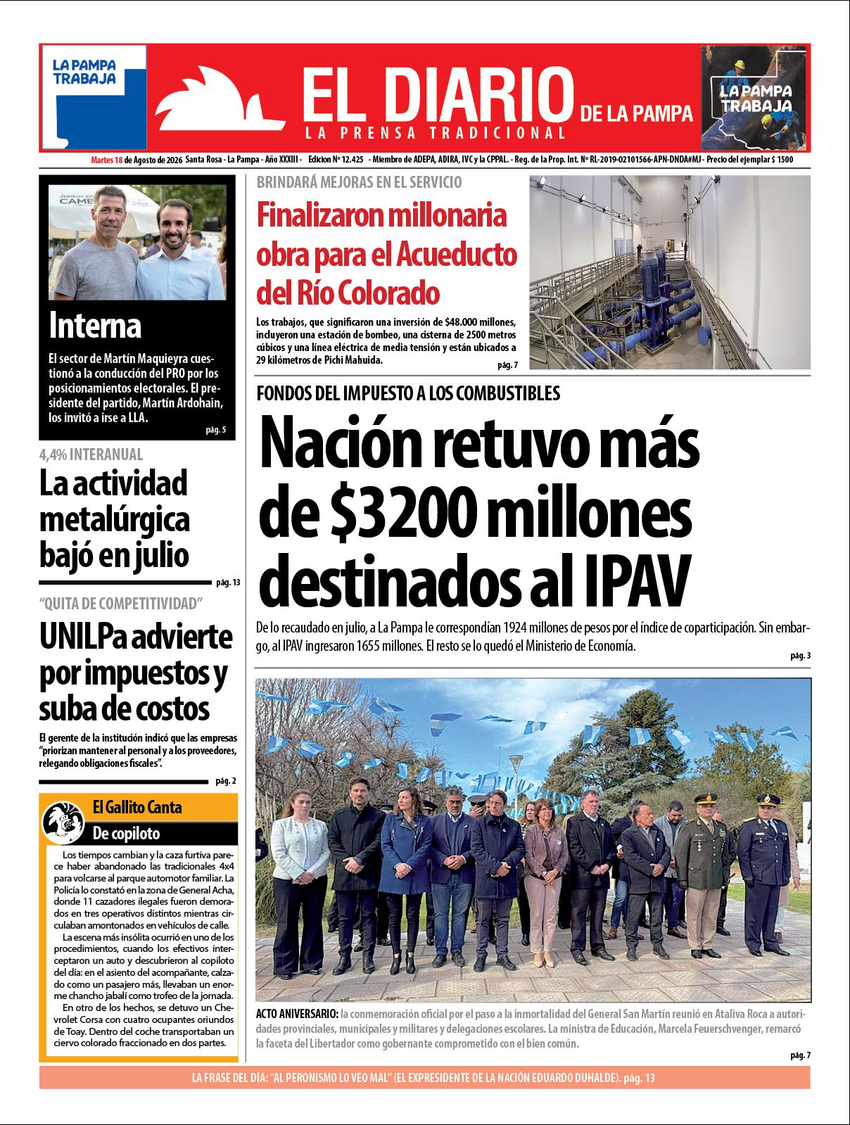 Tapa de El Diario en papel  martes 18 de agosto de 2026